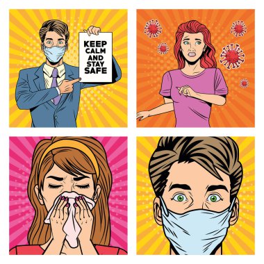 people with covid19 pandemic characters pop art style clipart