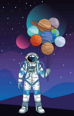 Uzay karakterinde gezegenleri olan astronot.