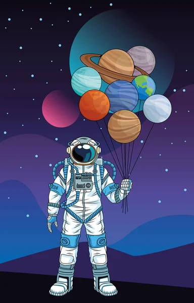 Astronaut with planets in the space character — Stock Vector