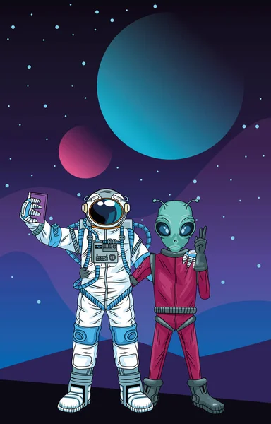 Astronauta e alieno prendere un selfie nello spazio — Vettoriale Stock