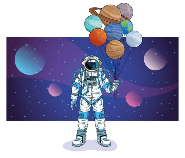 Astronaut with planets in the space character — Stock Vector