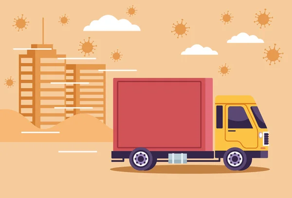 Dodávka kamionů s kovid19 částicemi — Stockový vektor