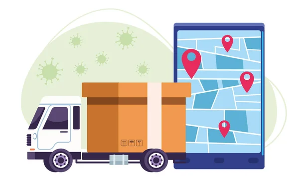 Truck delivery online service with covid19 particles — Stock Vector