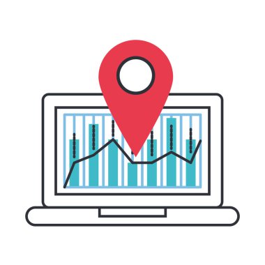 istatistik çubukları ve pin konumu olan dizüstü bilgisayar