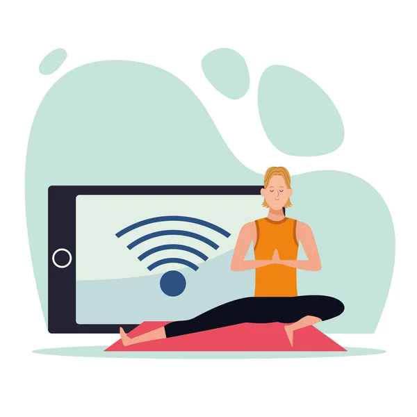 Donna che pratica yoga online per la quarantena — Vettoriale Stock