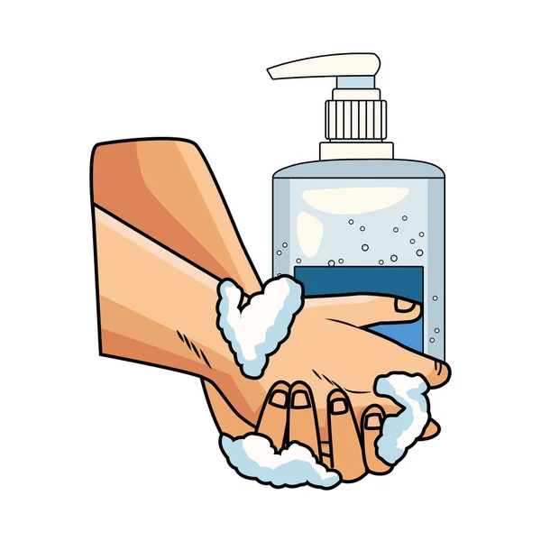 Mãos usando o método antibacteriano de prevenção de sabão covid19 —  Vetores de Stock