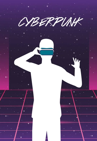 Cyber punk poster met de mens met behulp van virtual reality masker — Stockvector