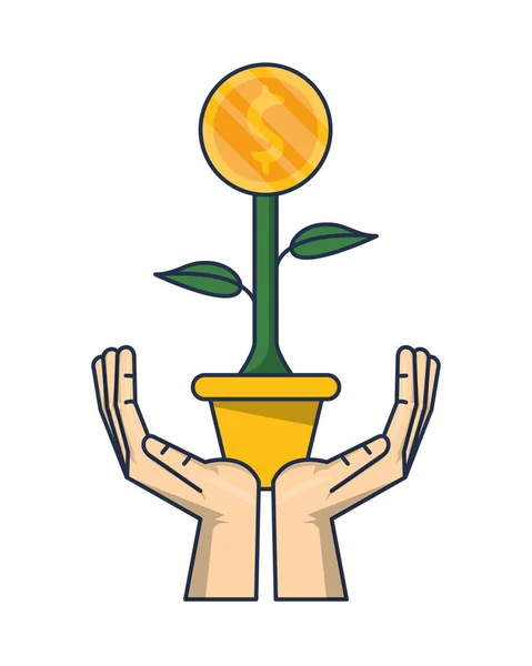 Zvedání rukou dům rostlina mince izolované ikony — Stockový vektor