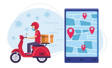 Covid19 parçacıkları ile çevrimiçi motosiklet teslimat servisi kuryesi