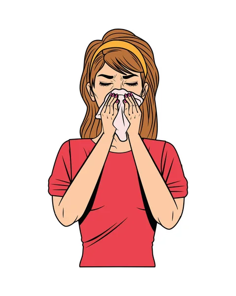 Donna con naso che cola per covid19 sintomo — Vettoriale Stock