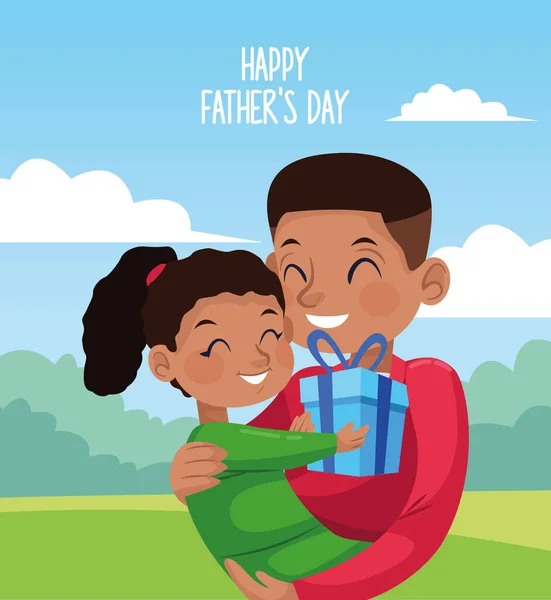 Glada fäder dag kort med afro pappa carring dotter i lägret — Stock vektor