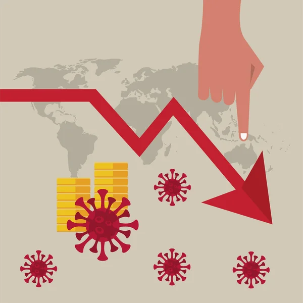 Economía y covid19 estadísticas con flechas en los mapas terrestres — Vector de stock