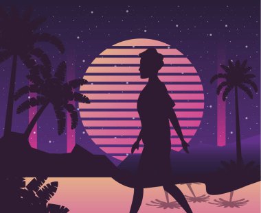 Siber punk posteri ve peyzaj siluetinde bir kadın