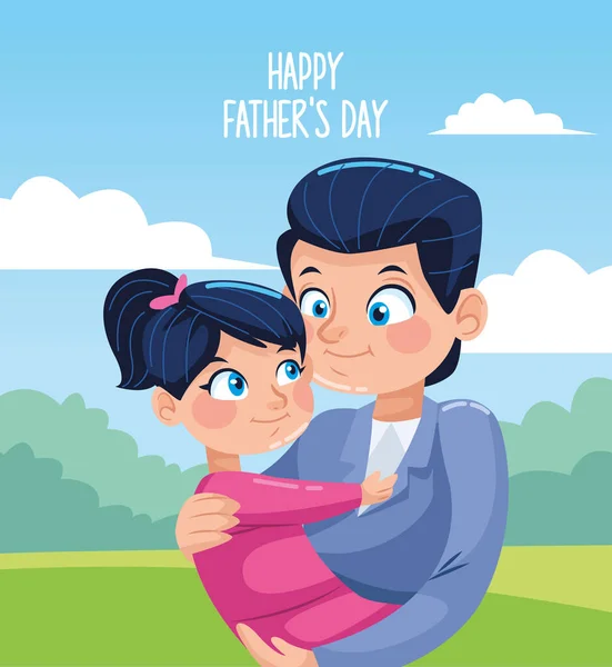 Glada fäder dag kort med pappa carring dotter i lägret — Stock vektor