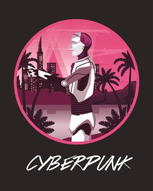 İnsansı robotlu siber punk posteri