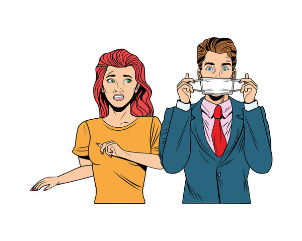 businessman and woman using face mask pop art style