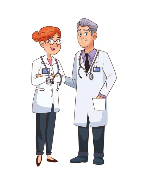 Professionals doctors couple avatars characters — Stock Vector