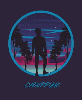 Siber punk posteri ve peyzaj siluetinde bir adam.