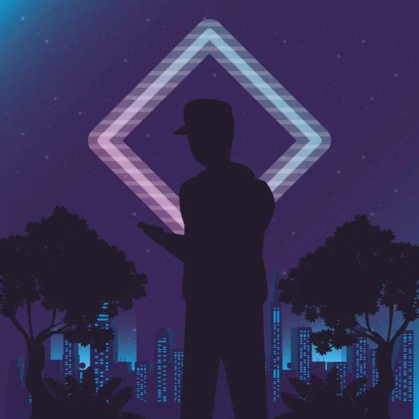 Cyber-Punk-Poster mit Mann in Landschaft-Silhouette — Stockvektor