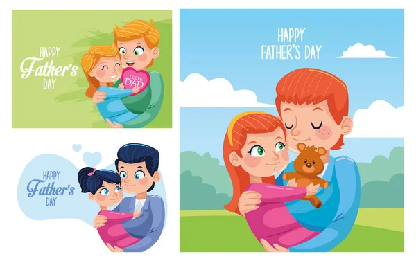 Glada fäder dag kort med pappor carring döttrar — Stock vektor