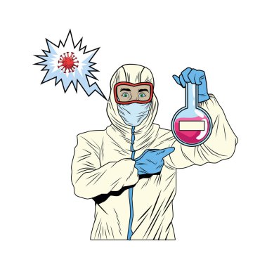 Biyo-koruma giysisi giyen işçi tüp testi ve covid parçacığı kaldırıyor