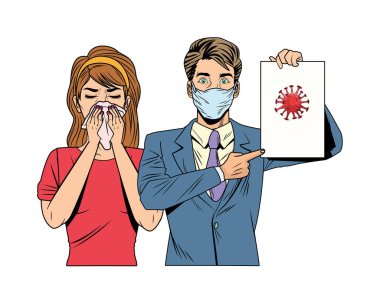İş adamı ve kadın yüz maskesi ve covid19 etiketi kullanıyor.