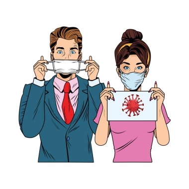 İş adamı ve kadın yüz maskesi ve covid19 etiketi kullanıyor.