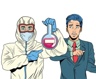 Biyolojik kıyafet giyen iş adamı ve adam tüp testini kaldırıyor.