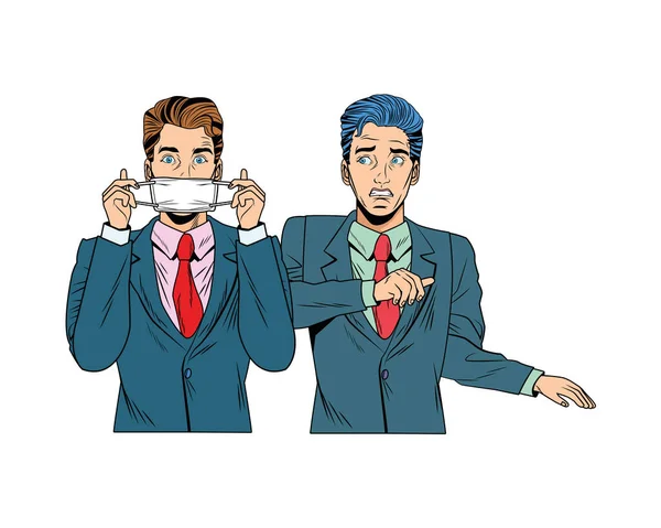 Hommes d'affaires utilisant masque visage style pop art — Image vectorielle