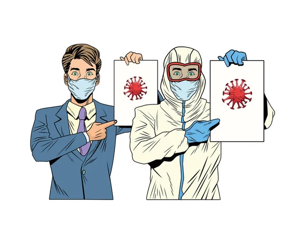 Homme d'affaires et homme avec costume de biosécurité levage étiquette covid19 — Image vectorielle