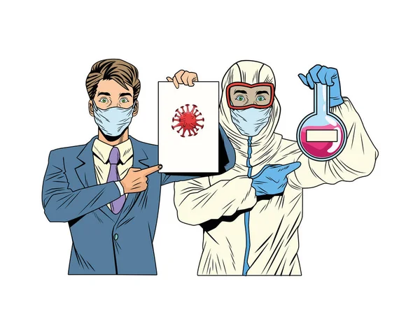 Homme d'affaires et homme avec costume de biosécurité levage étiquette covid19 — Image vectorielle