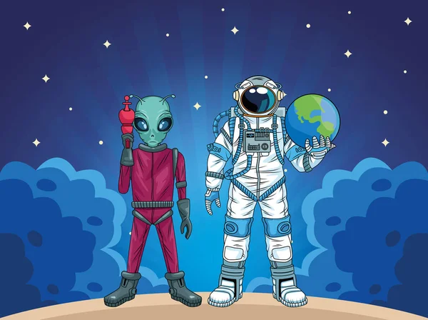Astronauta y extraterrestre en los personajes espaciales — Archivo Imágenes Vectoriales
