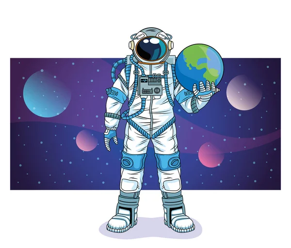 Astronauta levantando planeta terra no personagem espacial —  Vetores de Stock