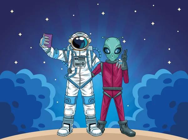 Astronauta e alienígena tirando uma selfie no espaço —  Vetores de Stock
