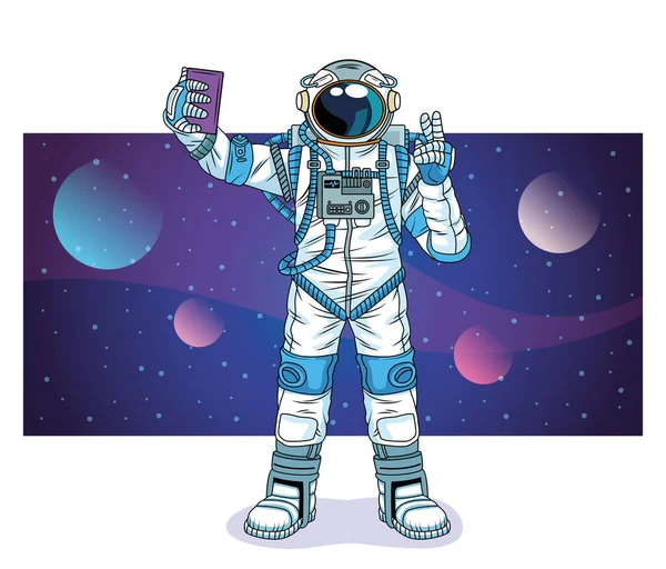 Astronauta tomando una selfie en el personaje espacial — Vector de stock