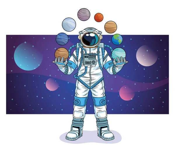 Astronauta com planetas no personagem espacial —  Vetores de Stock