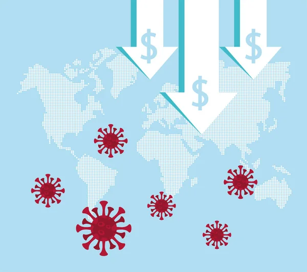 Economía y covid19 estadísticas con flechas en los mapas terrestres — Vector de stock