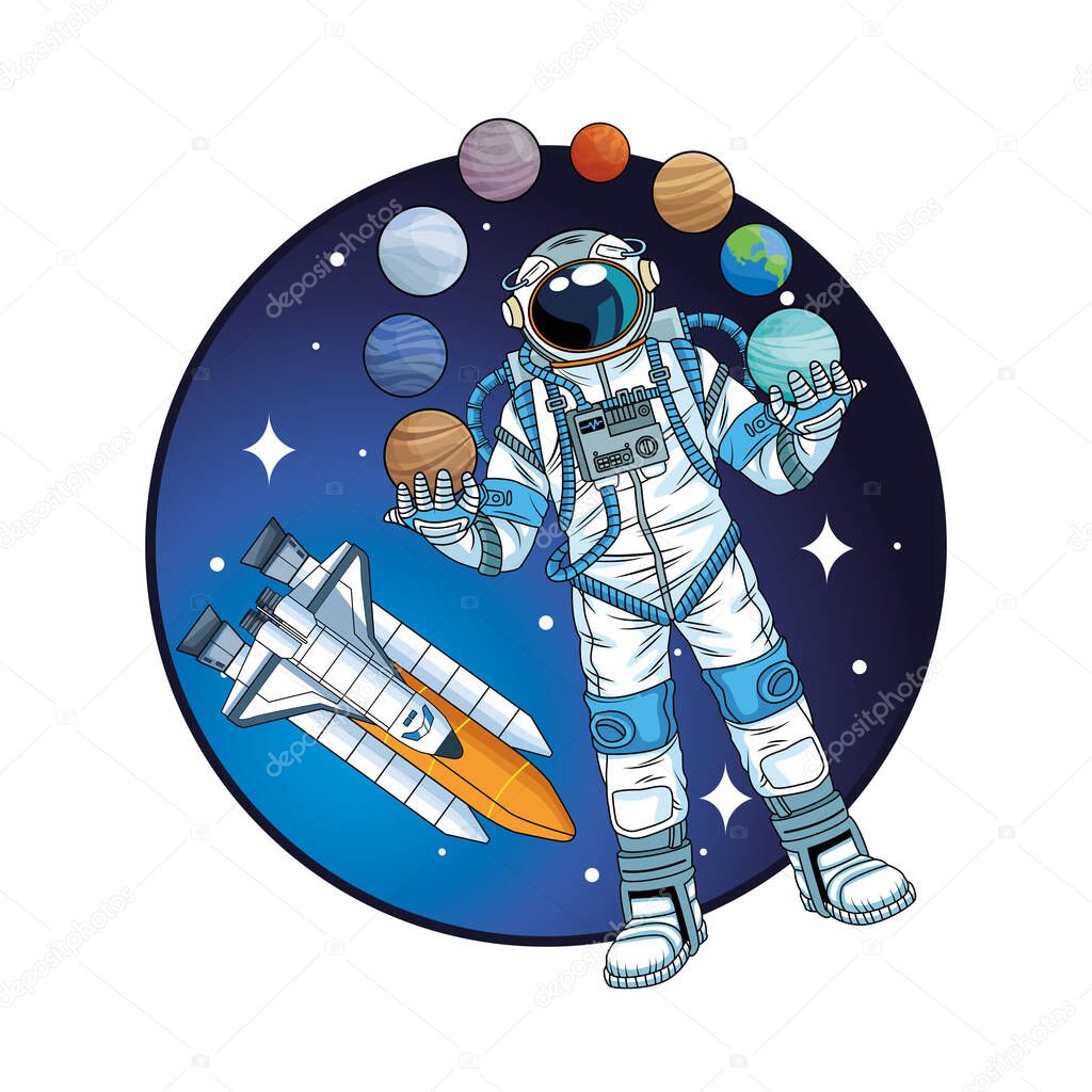 astronaut with rocket and planets in the space