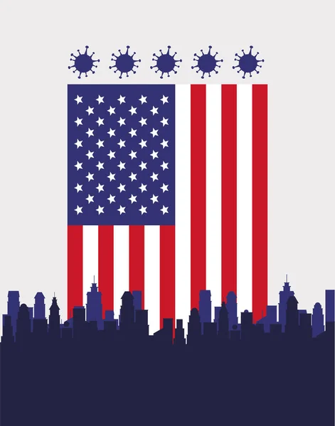 Covid19 pandémiás részecskék USA zászló és városkép — Stock Vector