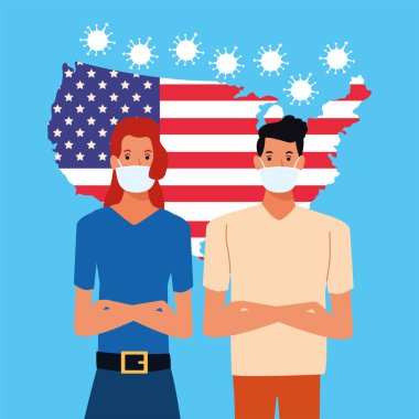 covid19 salgın parçacıkları Amerika bayrağı ve yüz maskesi kullanan çift