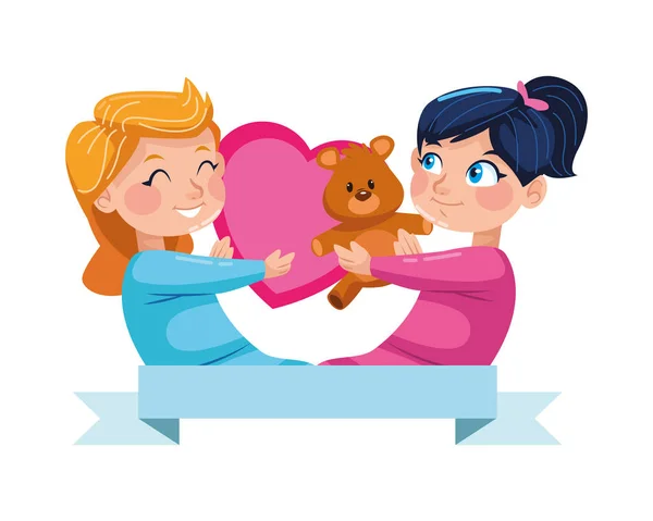 Aranyos kislányok medve teddy és szív karakterek — Stock Vector