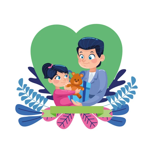Padre joven con hija pequeña en el marco floral del corazón — Vector de stock