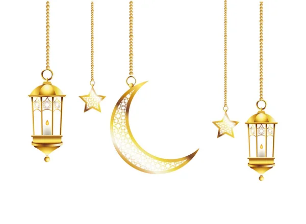 Lámparas de oro y la luna colgando ramadán kareem — Vector de stock