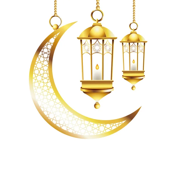 Lâmpadas douradas e lua pendurado ramadã kareem — Vetor de Stock