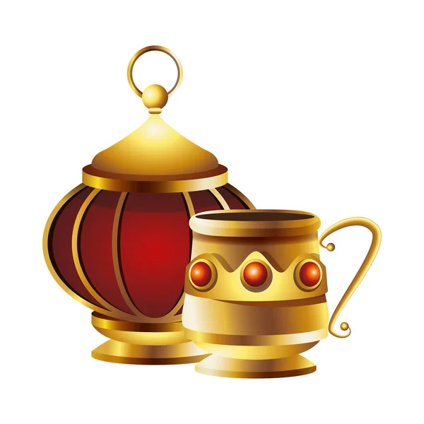 黄金のランプとカップ・ラマダーン・カレームの装飾 — ストックベクタ