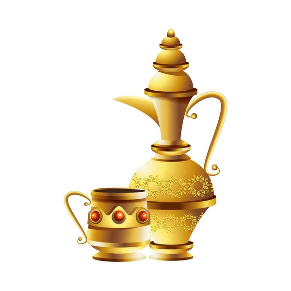 黄金のティーポットとカップの装飾ラマダーンカレーム — ストックベクタ