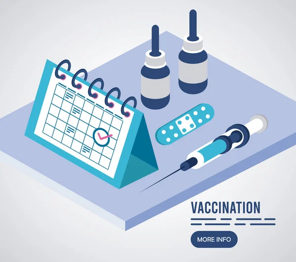 Służba szczepień z ikonami izometrycznymi kalendarza — Wektor stockowy