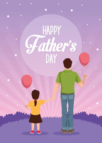 Pais cartão de dia pai e filha com balões hélio — Vetor de Stock