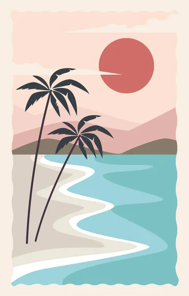 Paisagem do mar cena plana com palmas — Vetor de Stock