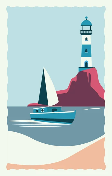 Sea scape flat scene with lighthouse and sailboat — Stock Vector
